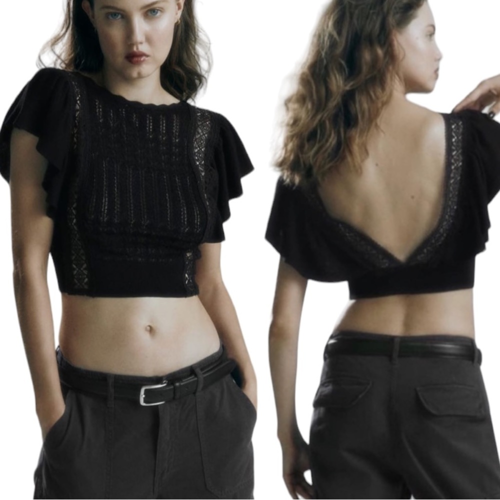 Zara Black Pointelle Knit Crochet Lace V-Back Cropped Top - L